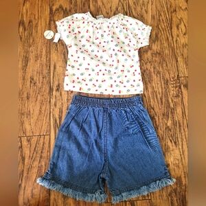 NWT Vintage Little‎ Lindsey Fruit Print Top With Denim Elastic Waist Shorts